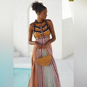 Anthropologie Navy and Mustard Patterned Maxi Dress size L